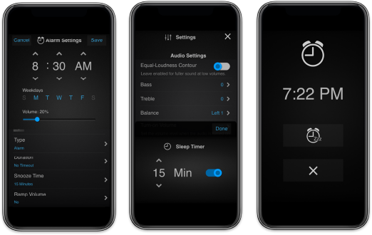 myRussound alarm and schedule screens