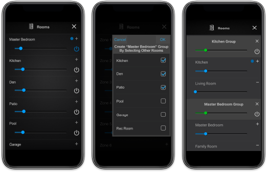 myRussound alarm and schedule screens
